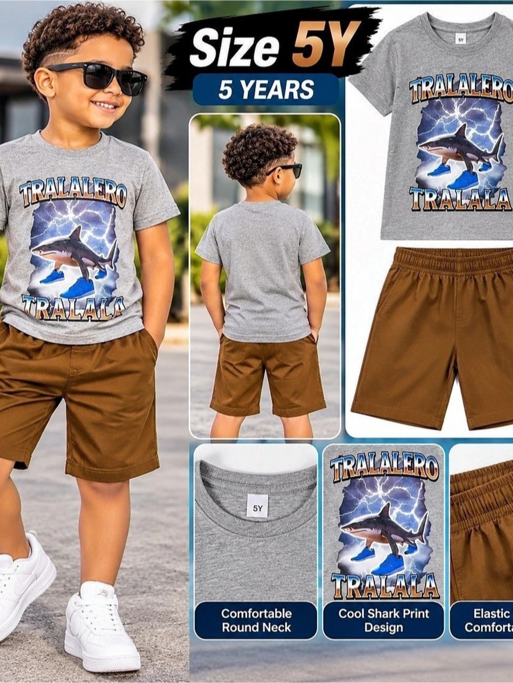 Tralalero Tralala Shark Kids Short Sleeve T-Shirt and Shorts Set Boys Graphic